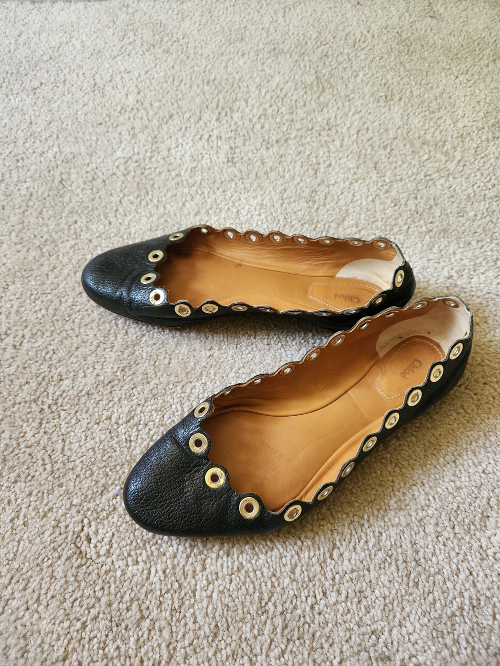 Chloe Black Leather Scalloped Grommet Ballet Flats